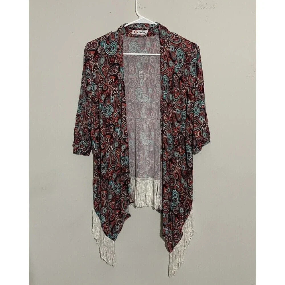 Ortega Womens Size Med Paisley Printed‎ Fringe Kimono, Swim Cover